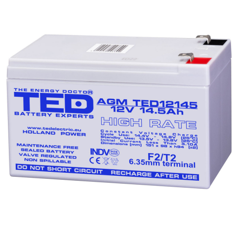 Energy - Baterie Reincarcabila F2 12V Stationara VRLA High Rate 14.5Ah AGM, Dimensiuni 151x98x95 mm, TED Electric TED12145, pentru UPS, echipamente medicale, industriale si iluminat portabil