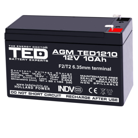 Energy - Baterie Reincarcabila F2/T2 12V Stationara VRLA 10Ah AGM, Dimensiuni 151x65x95 mm, TED Electric TED1210, pentru sisteme UPS si backup, securitate, echipamente medicale, iluminare, stocare energie
