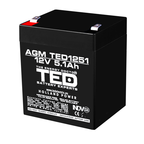 Energy - Baterie Reincarcabila F2/T2 12V Stationara VRLA 5.1Ah AGM, Dimensiuni 90x70x98 mm, TED Electric TED1251, pentru sisteme UPS, echipamente medicale, sisteme securitate,, iluminat, echipamente mobile