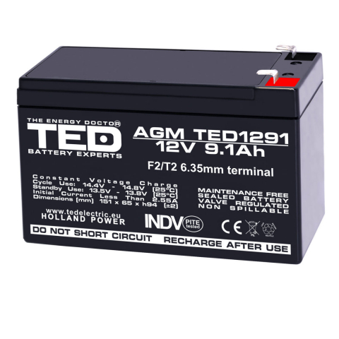Energy - Baterie Reincarcabila F2/T2 12V Stationara VRLA 9.1Ah AGM, Dimensiuni 151x65x94 mm, TED Electric TED1291, pentru Sisteme UPS, Backup, Securitate, Echipamente Medicale, Iluminare, Stocare Energie