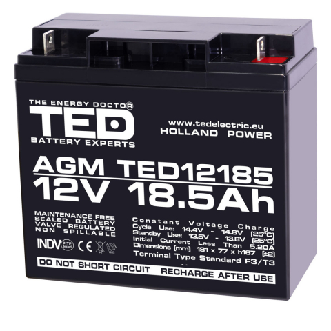 Acumulatori Speciali - Baterie Reincarcabila F3/T3 12V Stationara VRLA 18.5Ah AGM, Dimensiuni 181x77x167 mm, TED Electric TED12185, pentru sisteme UPS industriale, echipamente medicale, securitate, telecomunicatii, energie