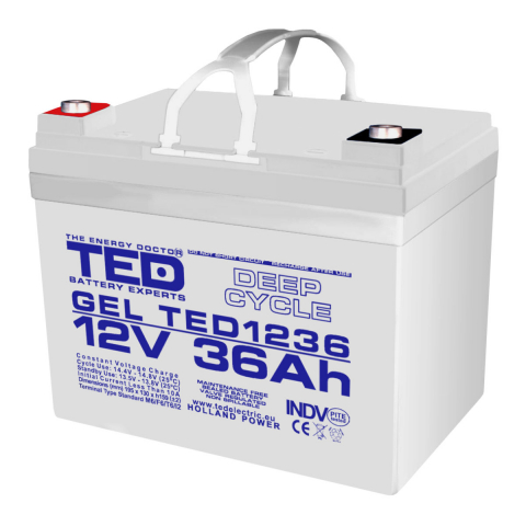 Acumulatori Speciali - Baterie Reincarcabila GEL Deep Cycle 12V 36Ah VRLA, Dimensiuni 195x128x155 mm, TED Electric TED1236, pentru sisteme UPS, backup, energie solara, echipamente medicale, telecomunicatii, industrial