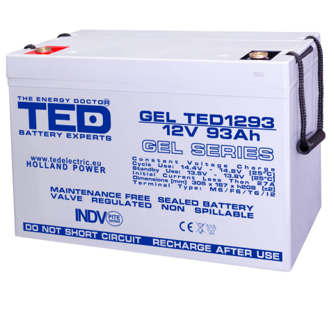Acumulatori Speciali - Baterie Reincarcabila GEL Deep Cycle Solar 12V 93Ah M8 VRLA, Dimensiuni 305x167x208 mm, TED Electric TED1293, pentru Sisteme Solare, UPS, Telecomunicatii, Echipamente Industriale