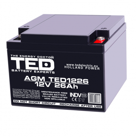 Acumulatori Speciali - Baterie Reincarcabila M5 12V Stationara VRLA 26Ah AGM, Dimensiuni 165x175x125 mm, TED Electric TED1226, pentru UPS, echipamente medicale, industriale, sisteme securitate si iluminare