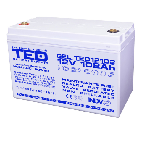 Acumulatori Speciali - Baterie Reincarcabila M8 12V Stationara VRLA 102Ah GEL, Dimensiuni 331x173x213 mm, TED Electric TED12102, pentru sisteme solare, UPS, backup, echipamente medicale, industriale, telecomunicatii
