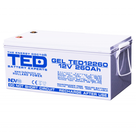 Acumulatori Speciali - Baterie Reincarcabila M8 12V Stationara VRLA 260Ah GEL, Dimensiuni 520x268x220 mm, TED Electric TED12260, pentru sisteme solare, UPS, backup, echipamente medicale, industriale, telecomunicatii