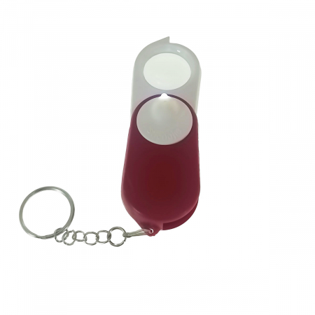 Brelocuri - Breloc multifunctional cu lumina LED si lupa 10X pliabila, cu lantisor si inel de prins la chei, rosu cu alb