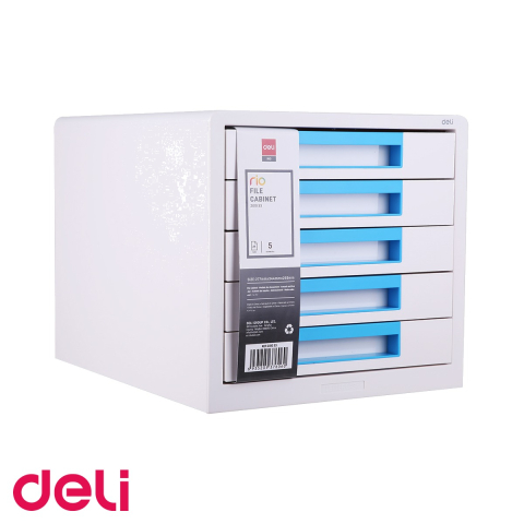Birotica papetarie - Cabinet cu 5 sertare Deli, finisaj lucios alb-bleu, organizare documente pentru birou