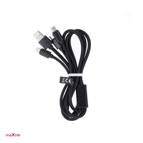 Cabluri iPhone - Cablu de date Maxlife 3 in 1, USB - Lightning + USB-C + microUSB, lungime 1 m, 2.1A, 10W, invelis exterior din nylon impletit, negru