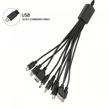 USB 2.0 Multifunctional - Cablu USB 10 in 1, CT101-N, alimentare de la USB, 10 conectori cu cablu, negru