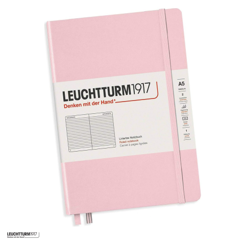 Birotica papetarie - Caiet Leuchtturm1917 Notebook Classic A5, coperta rigida, dictando, 251 pagini numerotate, hartie 80 g/mp, 145 x 210 mm, cuprins, 2 semne de carte, elastic, buzunar, roz pastel