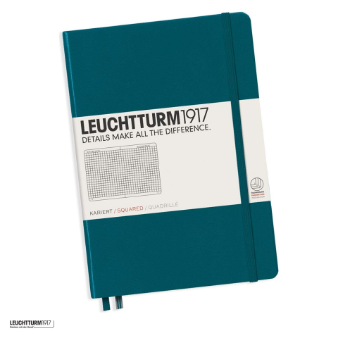 Birotica papetarie - Caiet Leuchtturm1917 Notebook Classic A5, coperta rigida, matematica, 251 pagini numerotate, hartie 80 g/mp, 145 x 210 mm, cuprins, 2 semne de carte, elastic, buzunar, verde pacific