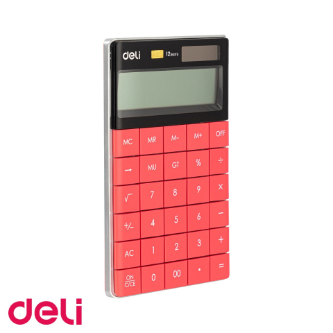Birotica papetarie - Calculator de birou Deli, 12 digits, display LCD, alimentare dubla, rosu, pentru uz profesional
