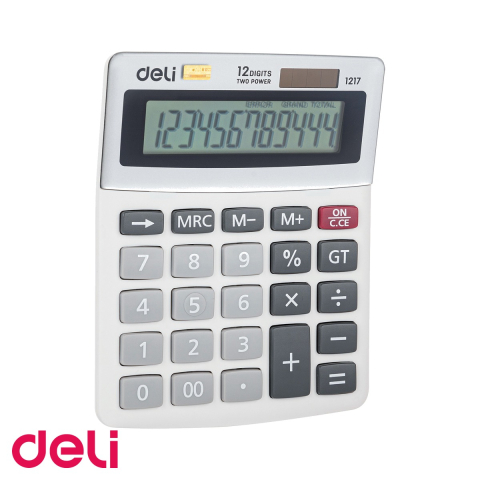 Birotica papetarie - Calculator de birou Deli 1217, 12 digits, display LCD inclinat, alimentare dubla, pentru birou si contabilitate