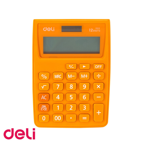 Birotica papetarie - Calculator de buzunar Deli 1122, 12 cifre, alimentare dubla, alb-portocaliu, pentru birou si uz fiscal