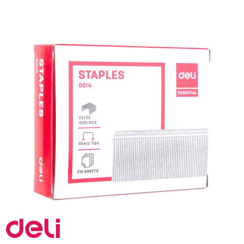 Capse pentru capsator - Capse zincate 23/23 Deli, metal rezistent, capacitate pana la 210 coli, cutie 1000 bucati