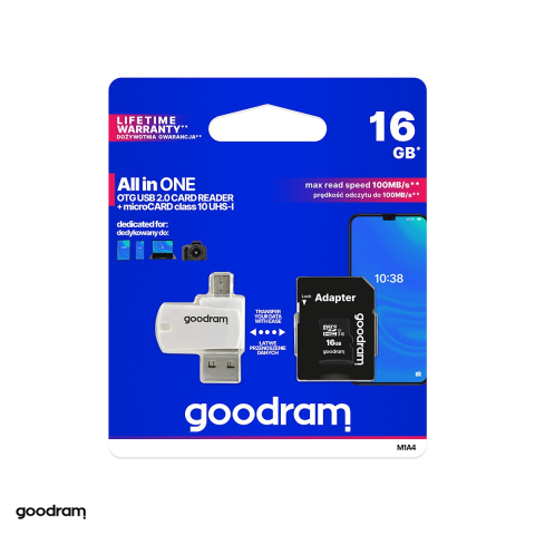Carduri memorie - Card de memorie GoodRam 16GB microSDHC clasa 10 UHS-I, adaptor SD, cititor OTG carduri de memorie, viteza citire 100 MB/s