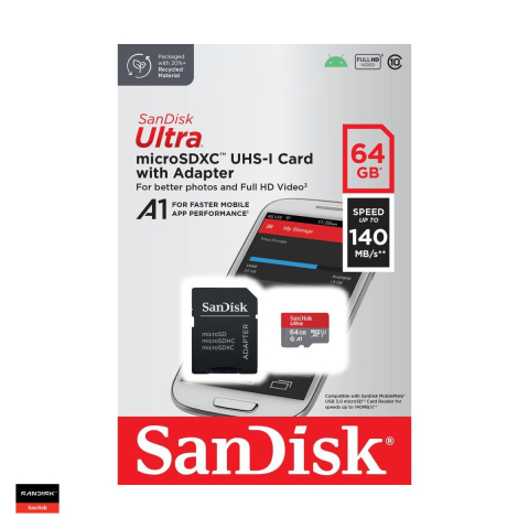 Carduri memorie - Card de memorie SanDisk Ultra Android microSDXC 64GB 140MB s A1, 10 UHS-I, cu adaptor SD
