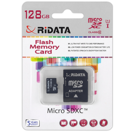 Medii de stocare - Card Memorie microSDXC 128GB RIDATA, Clasa 10, UHS-I U1 A1, Adaptor SD Inclus, pentru Telefoane, Camera Foto, Nintendo Switch