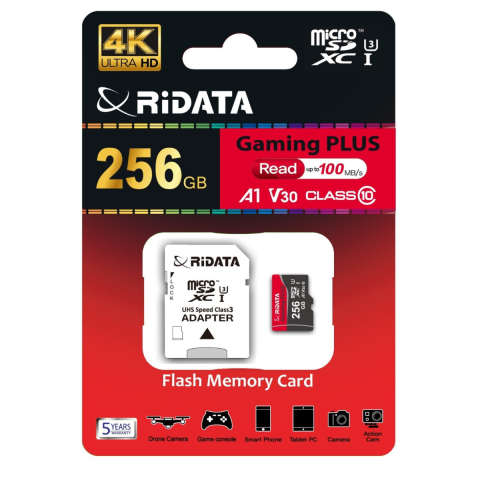 Carduri 256 Gb - Card memorie microSDXC 256GB UHS-I U3 V30 A1 pentru Gaming, Smartphone, Camera Foto 4K, RiDATA Gaming PLUS, cu adaptor SD