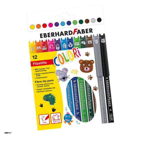 Creioane colorate si carioci - Carioci subtiri Eberhard Faber Animal, cutie de carton cu 12 culori, lavabile