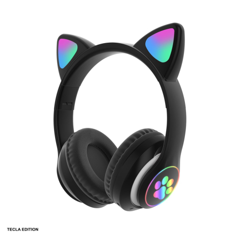 Accesorii IT - Casti on-ear TECLA EDITION, Bluetooth, de copii, cu urechi de pisica, cu iluminare LED, negre