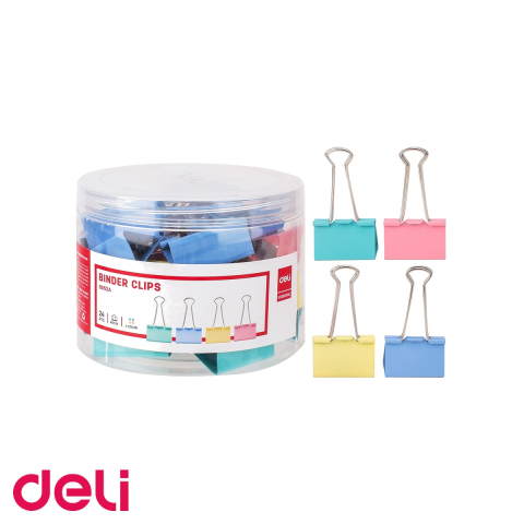 Clipsuri de birou - Clipsuri hartie colorate Deli, 41 mm, culori pastel asortate, set 24 bucati in cutie plastic, pentru organizare documente