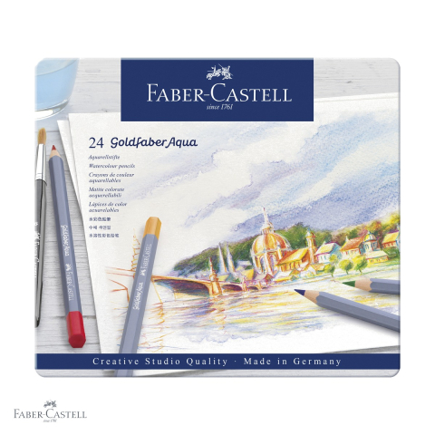 Creioane colorate - Creioane colorate acuarela Faber-Castell Goldfaber, 24 culori, cutie metalica, pentru tehnici mixte
