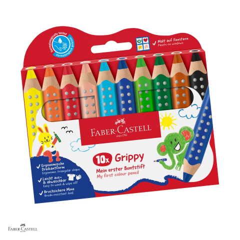 Creioane colorate si carioci - Creioane colorate Faber-Castell Grippy, set cu 10 culori, 3 in 1: creion colorat, cerat si acuarela, mina XXL Jumbo, pentru copii de la 2 ani, forma triunghiulara, zona Grip antiderapanta