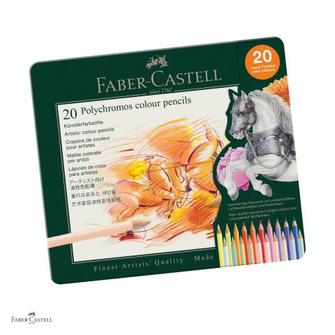 Creioane colorate si carioci - Creioane colorate Faber-Castell Polychromos, cutie metalica cu 20 culori, mina 3,8 mm, pigmenti rezistenti la lumina, rezistente la apa, lipire SV, fara acizi