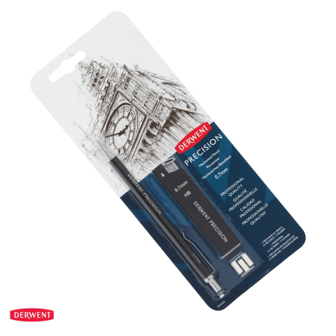 Instrumente de scris - Creion mecanic Derwent Professional din metal, mina 0.7 mm HB, cu 15 mine si 2 radiere de rezerva, negru