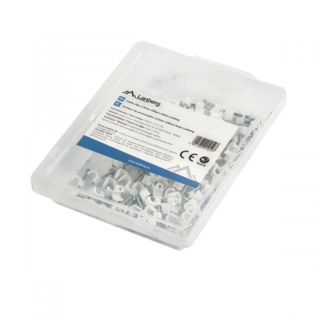 Elemente de prindere - Cutie cu 100 bucati cleme cablu 3.5mm, Lanberg 41454, cui de otel 13mm, pentru prindere si fixare, albe