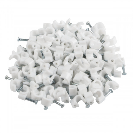Elemente de prindere - Cutie cu 100 bucati cleme cablu 5mm, Lanberg 41455, cui de otel 14mm, pentru prindere si fixare, albe