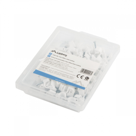 Elemente de prindere - Cutie cu 100 bucati cleme cablu 7mm, Lanberg 41456, cui de otel 18mm, pentru prindere si fixare, albe