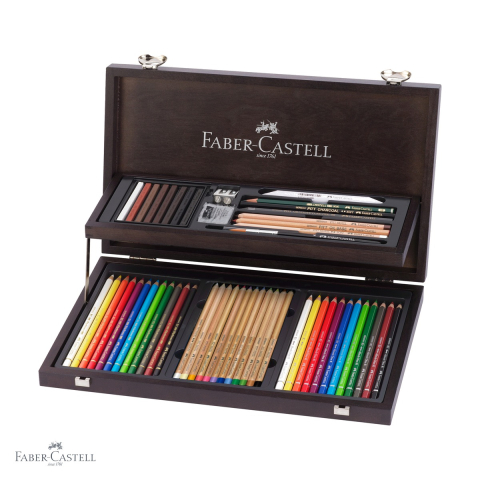 Creioane colorate permanente - Cutie lemn Faber-Castell Compendium, set 36 creioane artist Polychromos, Pitt Pastel si Albrecht Durer, pentru artisti profesionisti