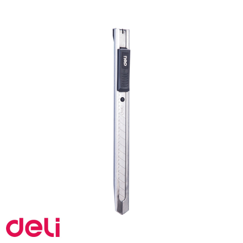 Cuttere si lame de rezerva - Cutter mic metalic Deli, cu sina si protectie, lama inox 9mm, pentru uz birou si hobby