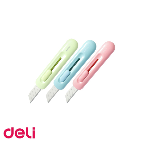 Cuttere si lame de rezerva - Cutter mini Deli, plastic reciclat, lama retractabila din otel, culori asortate, portabil si ergonomic