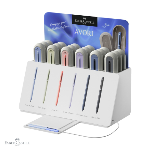 Pixuri premium - Display 18 pixuri Faber-Castell Avori XB, mecanism rotativ, din plastic reciclat, diverse culori