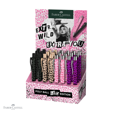 Pixuri cu mecanism - Display 24 pixuri cu mecanism Faber-Castell Poly Ball XB, editie speciala Leo, rezerva albastra XB, forma triunghiulara ergonomica