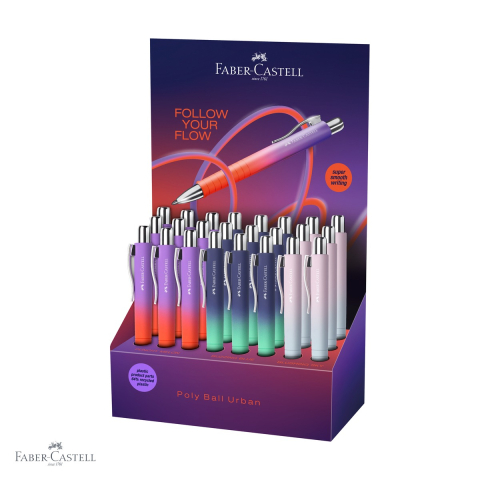 Markere - Display 24 pixuri cu mecanism Faber-Castell Poly Ball XB Flow, grip ergonomic triunghiular, rezerva albastra de mare capacitate