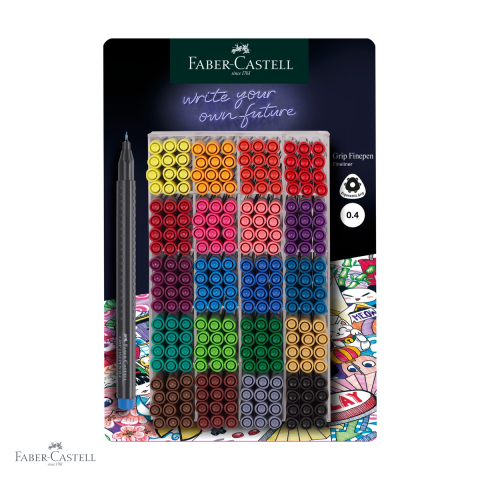 Linere - Display 300 linere Faber-Castell Grip 0.4mm, 20 culori diverse, cerneala pe baza de apa, pentru desen si desen tehnic