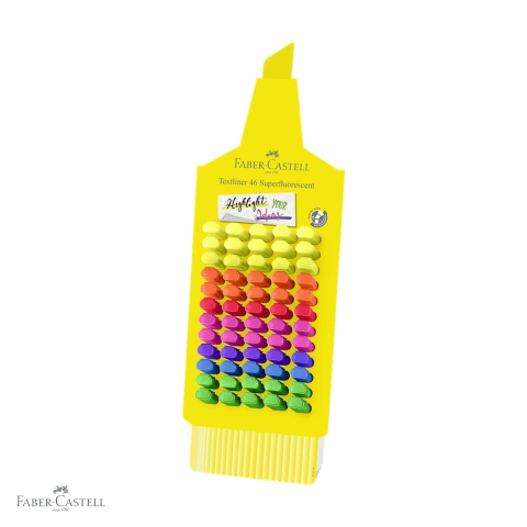 Markere - Display 60 textmarkere superfluorescente Faber-Castell, varf tesit, cerneala pe baza de apa, pentru birou si scoala