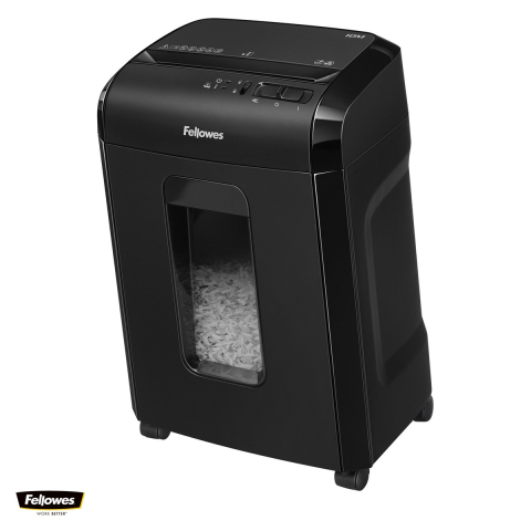 Birotica papetarie - Distrugator de documente Fellowes 10M, taiere micro-cut P-5 in particule de 2x12 mm, 10 coli, cos de 19 l, SafetyLock, pentru biroul de acasa, 500x345x250 mm