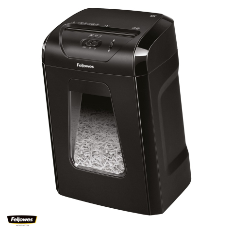 Birotica papetarie - Distrugator de documente Fellowes 12C, taiere cross-cut in particule de 4x40 mm, 12 coli, cos de 19 l, Safety Lock, pentru uz individual, 470x341x246 mm