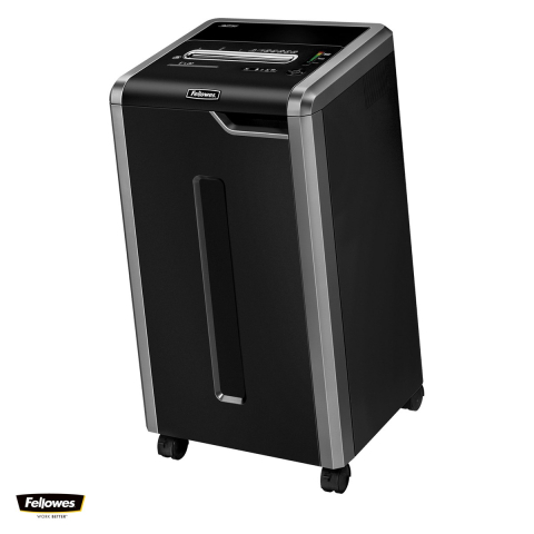 Birotica papetarie - Distrugator de documente Fellowes 325i, taiere strip-cut P-2 in fasii de 5.8 mm, 24-26 coli, cos de 83 l, functionare continua, pentru peste 10 utilizatori, 885x507x455 mm