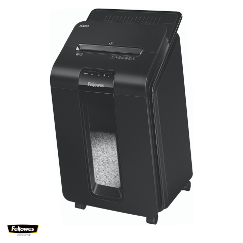 Birotica papetarie - Distrugator de documente Fellowes AutoMax 100M automat, taiere cross-cut tip mini-cut P-4 in particule de 4x10 mm, 100 coli automat si 10 manual, cos de 23 l, pentru 1 utilizator, 673x384x365 mm