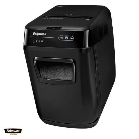 Birotica papetarie - Distrugator de documente Fellowes AutoMax 150C automat, taiere cross-cut in particule de 4x38 mm, 150 coli automat si 8 manual, cos de 32 l, pentru 1-3 utilizatori, 542x346x507 mm