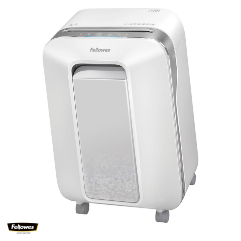 Distrugatoare documente si accesorii - Distrugator de documente Fellowes LX201, taiere micro-cut P-5 in particule de 2x12 mm, 12 coli, cos de 22 l, Jam Proof, SafeSense, pentru acasa sau birou mic, 525x368x260 mm, alb