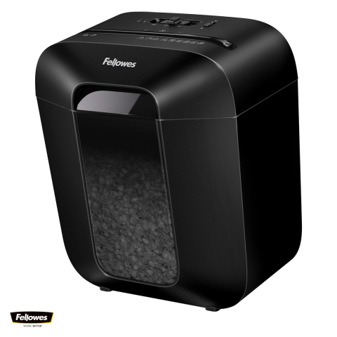 Birotica papetarie - Distrugator de documente Fellowes LX25M, taiere micro-cut P-4 in particule de 4x12 mm, 6 coli, cos de 11.5 l, distruge agrafe, capse si carduri, 360x310x220 mm