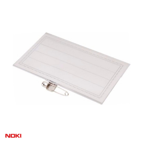 Accesorii prezentare - Ecuson orizontal NOKI, din plastic flexibil, cu ac si clema, transparent, 90x50 mm